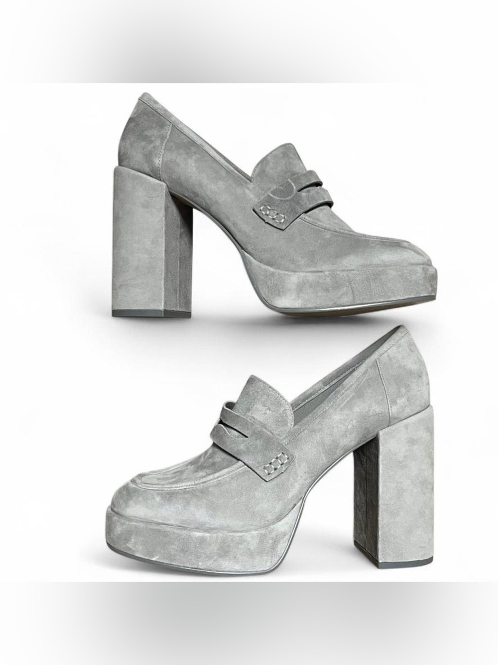 Steve Madden Ashe Gray Leather Suede Platform Loafers with Block Heel